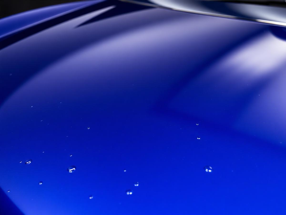 Water beading on a freshly coated blue hood
